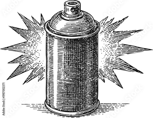 Spray paint can illustration with burst background vintage ink drawing of aerosol spray container