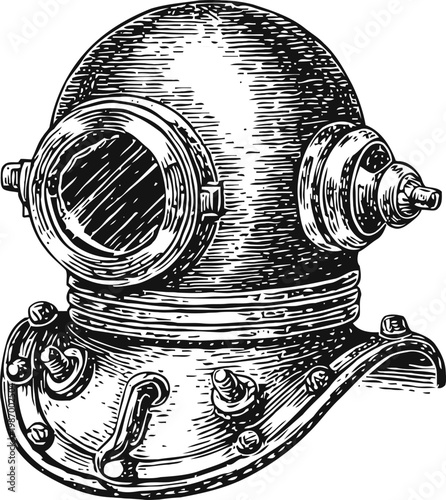 vintage deep sea diving helmet old fashioned heavy metal diver headgear with bolts and viewing window