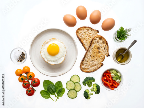 top view of breakfast ingredients floating slightly above surface eggs bread and vegetables isolated on pure white background conceptual food composition