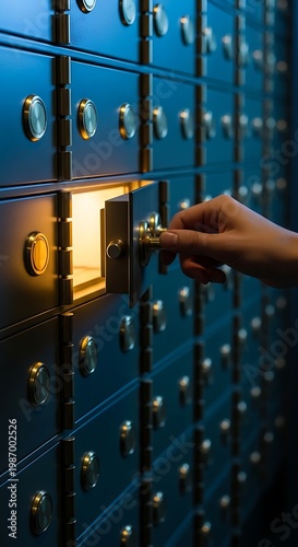 Hand opening a blue illuminated safety deposit box in a bank vault