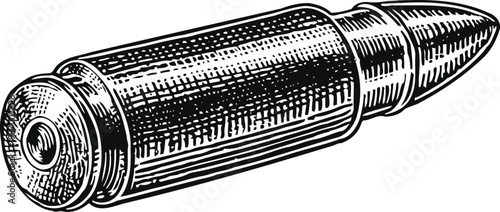 Detailed black and white illustration of a single bullet cartridge with textured shading
