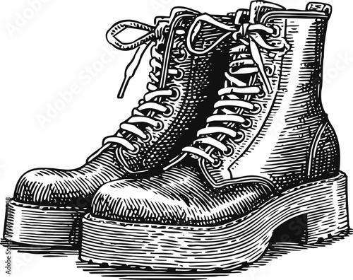 Pair of vintage lace up boots with thick soles retro footwear fashion illustration