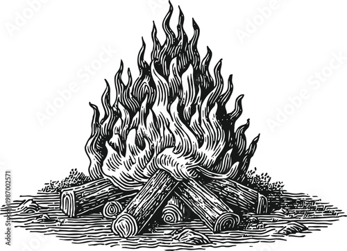 Hand drawn campfire flames burning wood logs outdoor bonfire nature vintage illustration