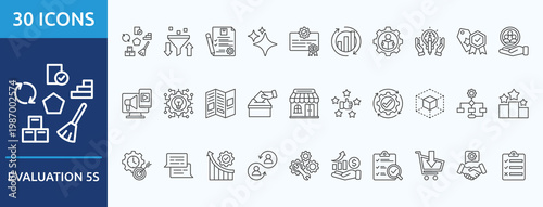 evaluation 5s
  - Icon Collection. Thin outline Set contains such Icons as standardize, sustain, methodology
  and more. Simple web icons set
