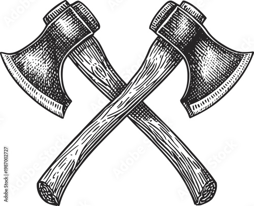 Crossed axes with wooden handles vintage hand drawn illustration of lumberjack tools