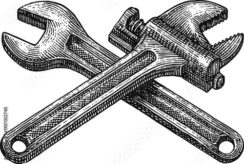 Two adjustable wrenches crossed vintage engraving illustration with detailed texture