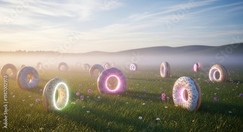 Abstract field of illuminated donut shaped objects in a surreal landscape