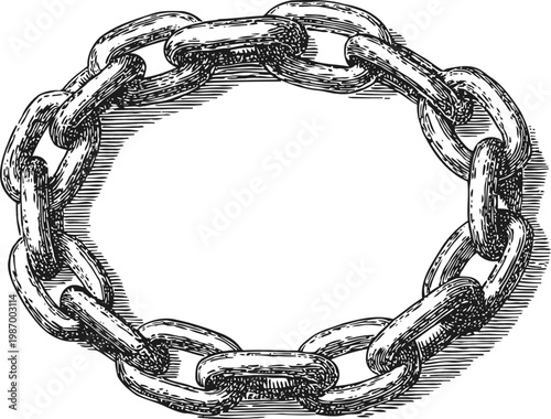 Vintage chain oval loop black and white hand drawn metal links circle industrial connected chainwork illustration