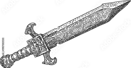 Ancient medieval sword drawing with detailed engraved blade and ornate hilt design