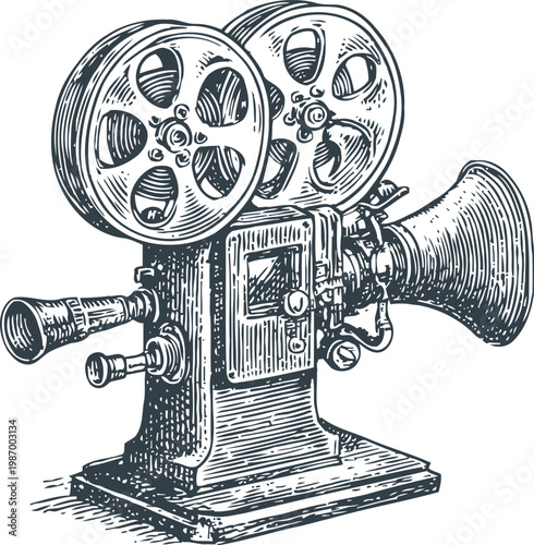 Vintage film projector sketch with reels and lens detailed retro cinema equipment drawing
