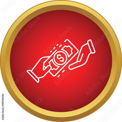 Hands exchanging a dollar bill in a line art style icon with a red and gold circle background