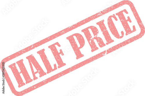 Pink half price rubber stamp impression with distressed grunge texture on white background