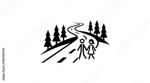 Couple Walking Along Winding Road in Nature