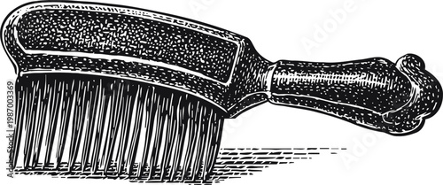 Vintage wooden hairbrush with fine bristles, detailed black ink sketch illustration