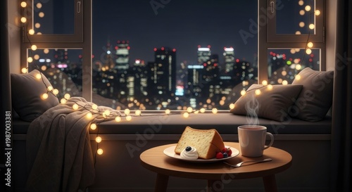 Cozy window scene with cake and coffee overlooking a cityscape at night