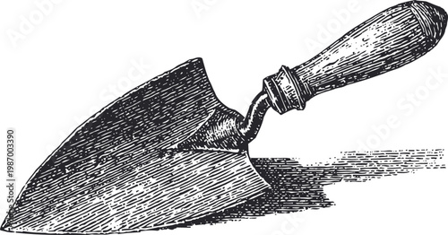 Vintage gardening trowel illustration with wooden handle and metal blade, classic hand tool design