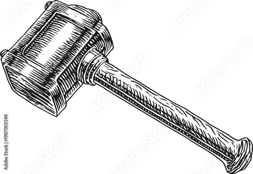 Wooden mallet hand drawn illustration with textured lines and detailed shading, vintage tool