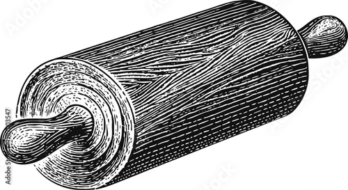 Vintage wooden rolling pin engraving kitchen tool for dough preparation and baking illustration
