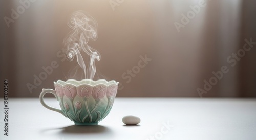 Elegant teacup with steam rising against a neutral background and copy space