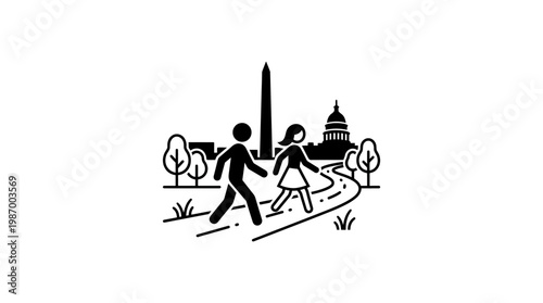 Couple Walking in Washington D.C. Tourist Scene Icon