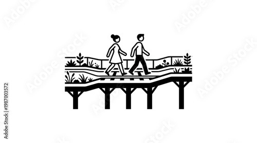 People Walking on a Wooden Bridge