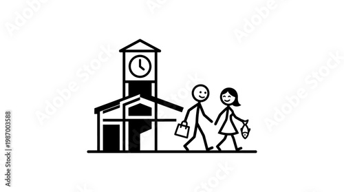 Couple Walking Past Clock Tower Building