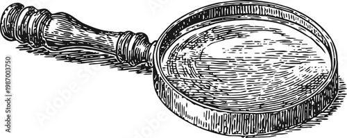 Vintage magnifying glass with wooden handle, detailed black and white line art illustration