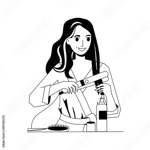 Woman with hair straightener, beauty routine