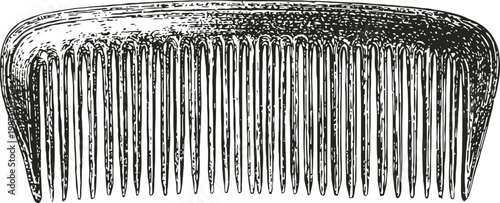 Vintage wooden comb with fine teeth, antique grooming accessory illustration in black and white