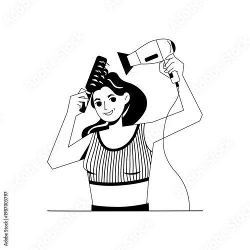 Woman dries her hair with a hair drier