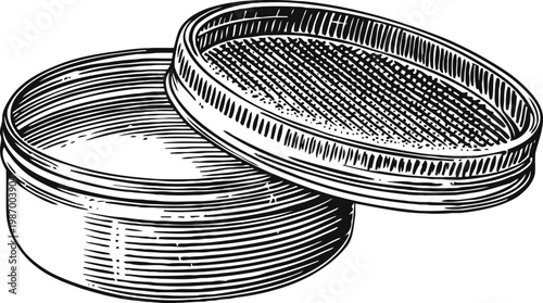 Open round container with lid, vintage line art illustration of empty metal tin box