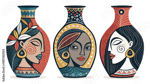 Three colorful vases with integrated human faces in modern abstract art style on white background