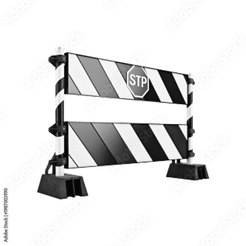 Halftone illustration of a striped road barrier with a stop sign, isolated on a white background. Represents roadblocks, construction zones, traffic control, safety restrictions, and temporary closure
