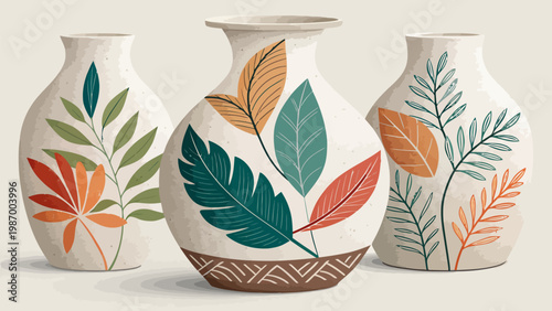 Three asymmetrical pottery vases with abstract leaf designs on a neutral background showcasing earthy tones and unique ceramic art