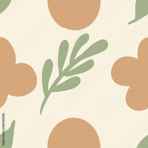 Seamless botanical pattern with organic shapes and minimalist leaves in earthy tones, creating a boho abstract design