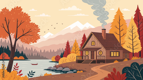 Cozy lakeside cabin surrounded by vibrant autumn forest with smoke rising from chimney