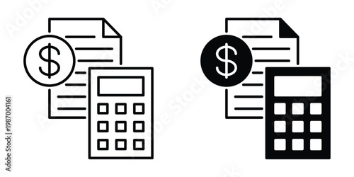 Accounting and Financial Management Line and Solid Icon Set - Professional Calculator, Invoice Document, and Dollar Currency Symbol for Business, Tax, and Bookkeeping Design