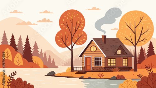 Cozy lakeside cabin surrounded by vibrant autumn forest with warm lighting and serene mountain landscape