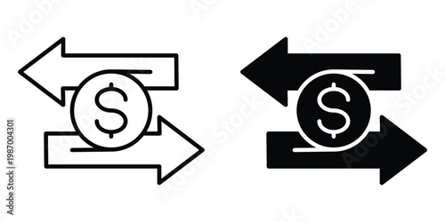 Cashflow and Money Transaction Icon Set - Dollar Currency Exchange, Financial Transfer, and Revenue Growth Symbol - Vector Outline and Flat Solid Style Illustration