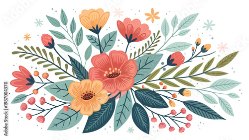 Vibrant floral cluster with lush green leaves blooming flowers and buds on white background perfect for design