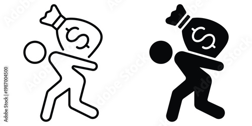 Quadro su tela Financial Liability Icon Set – Person Carrying Money Bag Symbol Representing Deb