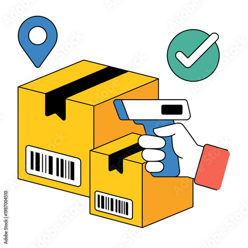 Modern illustration of hand holding barcode scanner near delivery boxes with location pin and checkmark symbol