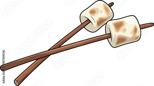 Two toasted marshmallows on wooden sticks crossed in a white background  isolated on transparent background