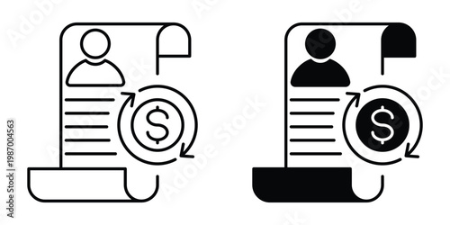 Payroll Icon Set – Salary Payment Document with Employee Profile and Dollar Symbol Representing HR Payroll Processing, Wages, Compensation, Accounting, and Business Finance in Outline and Solid Style