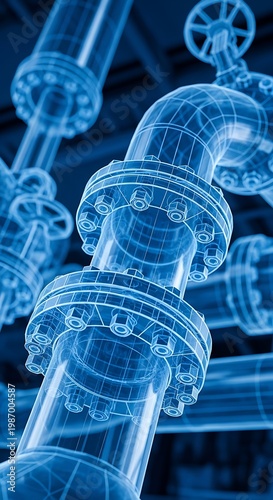 Translucent blue wireframe industrial piping system