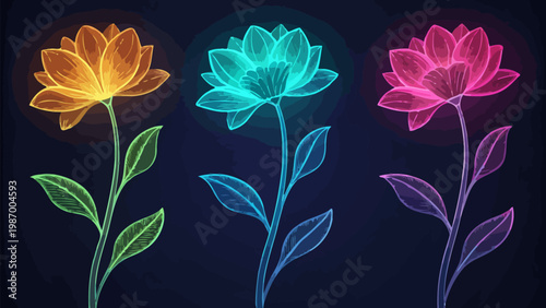 Vibrant neon style flowers with glowing edges on dark background colorful illustration
