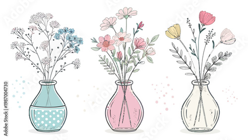 Hand drawn line art vases with soft pastel fills and floral arrangements in blue pink and white hues on a clean background