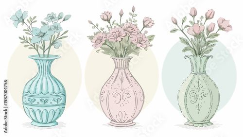 Hand drawn line art vases with soft pastel fills and floral arrangements in blue pink and green hues on white background
