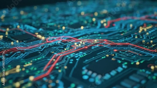 Wallpaper Mural Glowing circuit board with red lines and yellow dots on a blue background Torontodigital.ca
