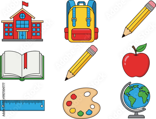 Colorful Back to School Education Vector Icon Set Featuring School Building Backpack Pencil Book Apple Globe Ruler and Art Palette